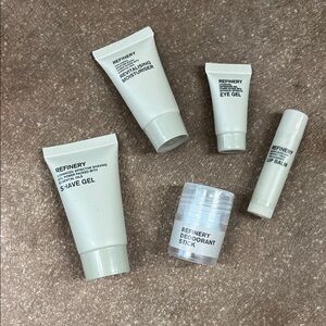 Refinery Eye Gel, Lip Balm, Shave Gel, Revitalizing Moisturiser, Deodorant Trave